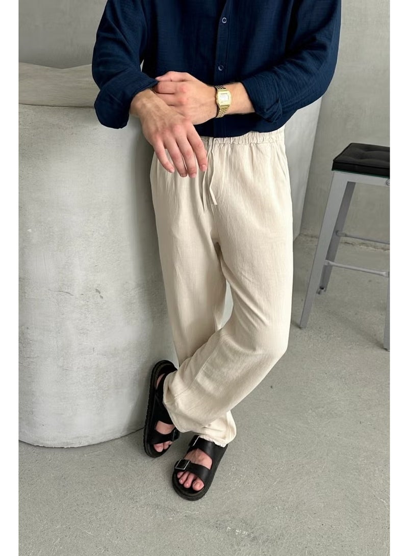 HYMAN Men's Elastic Waist Baggy Linen Trousers - Image 1